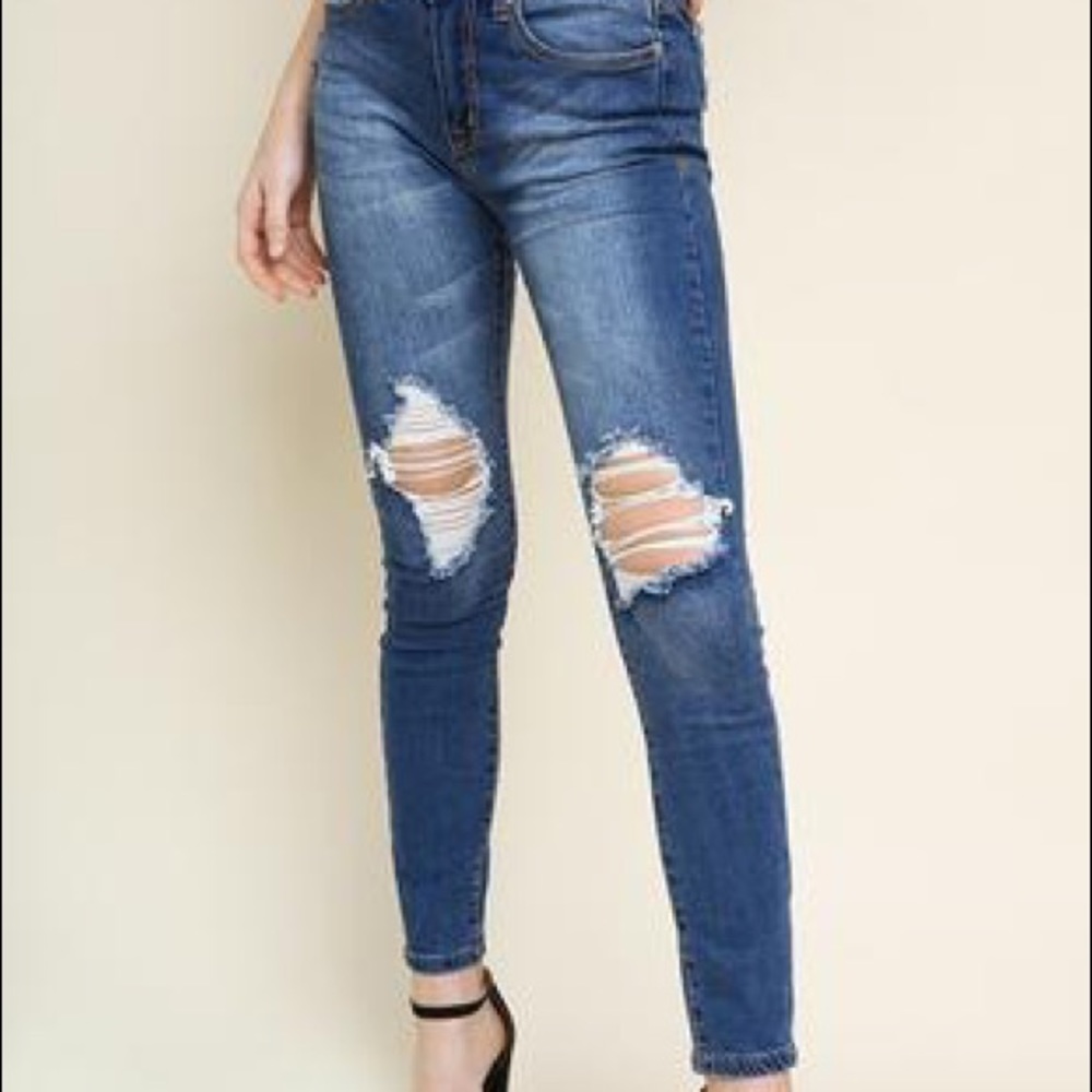 Umgee High Waist Skinny Jeans Distressed Knee - Picture 7 of 7